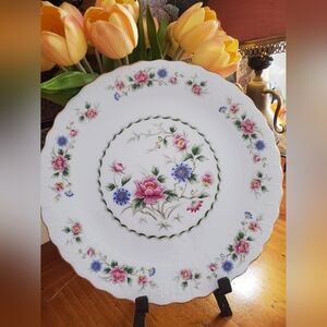 Vintage Andrea bySadek Cake Plate , Spring Night Pink and Blue Flowers,Gold Trim